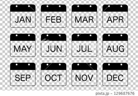 シンプル年間カレンダー　英語短縮モノクロ 129687676