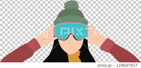 Illustration of a woman wearing goggles to go snowboarding (skiing) on a snowy mountain in winter Illustration of a woman wearing goggles to go snowboarding (skiing) on a snowy mountain in winter 129687917