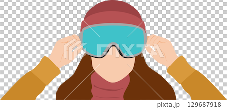 Illustration of a woman wearing goggles to go snowboarding (skiing) on a snowy mountain in winter 129687918