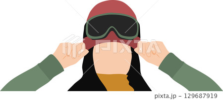 冬の雪山でスノボー(スキー)をしようとゴーグルをつける女性のイラスト	 129687919