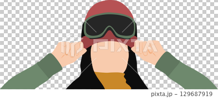 冬の雪山でスノボー(スキー)をしようとゴーグルをつける女性のイラスト	 129687919