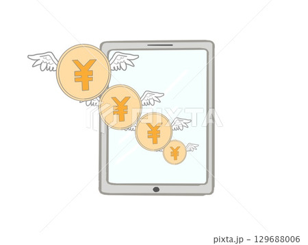 タブレットと羽根の生えた日本円のコインのイラスト 129688006
