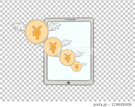 タブレットと羽根の生えた日本円のコインのイラスト 129688006