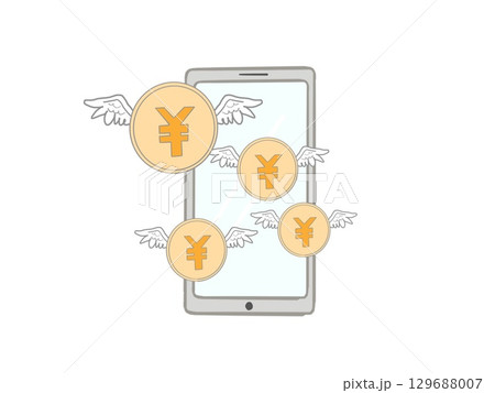 羽根の生えた日本円のコインと携帯のイラスト 129688007