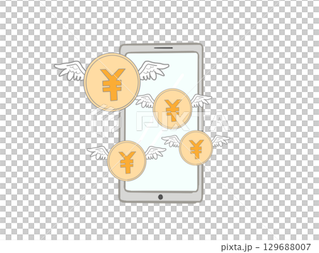 羽根の生えた日本円のコインと携帯のイラスト 129688007