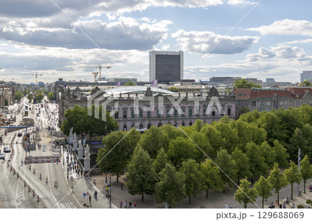 Berlin, Germany - July 01, 2018: Top view of the central Berlin street Unter den Linden 129688069