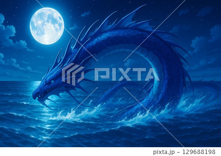 月光が照らす海を泳ぐ蒼きリヴァイアサン 129688198