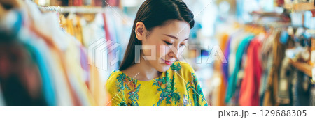 古着屋で買い物をするアジア人女性02 129688305