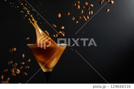 Espresso Martini drink with splashes and falling coffee beans on a black background. 129688316