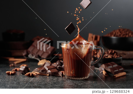 Pieces of dark chocolate fall into a mug of cocoa drink. 129688324