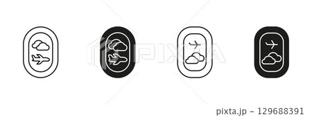 Airplane Window View With Clouds Icon Set. Travel And Aviation Experience Outline And Silhouette Symbol Collection. Journey And Flight Perspective. Isolated Vector Illustration 129688391