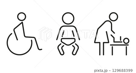 Wheelchair, Baby and Diaper Changing Station Line Icon Set. Accessibility, Childcare and Parenting Outline Symbol Collection. Editable Stroke. Isolated Vector Illustration 129688399
