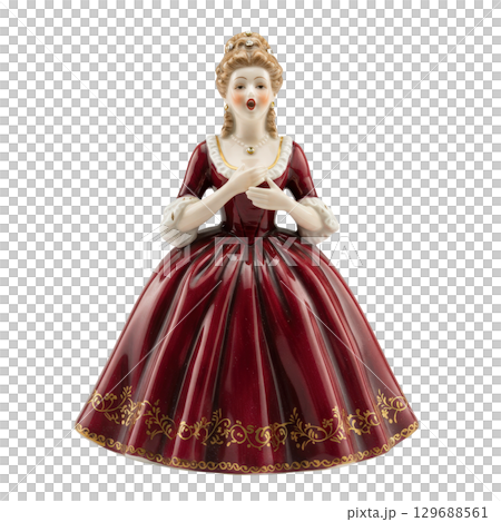 Elegant porcelain figurine of a woman in a vintage red rococo dress singing a solo opera 129688561