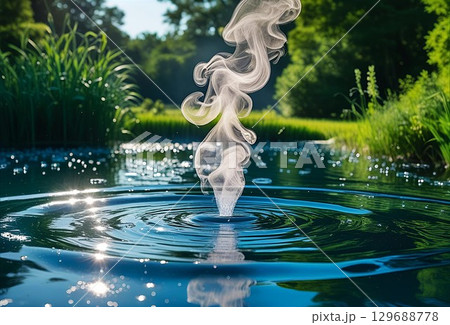 美しい泉から立ち上っている煙 129688778