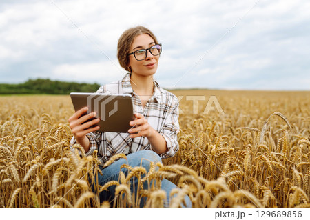 Woman agronomist in a field with a tablet checks the growth of the crop. New harvest concept. Woman agronomist in a field with a tablet checks the growth of the crop. New harvest concept. 129689856
