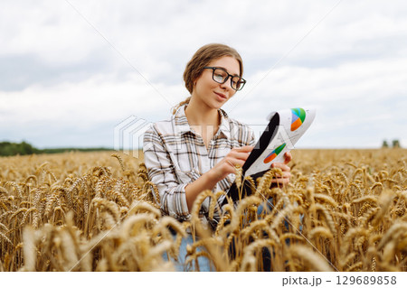 A young woman agronomist in a wheat field with a tablet in her hand checks the field. A young woman agronomist in a wheat field with a tablet in her hand checks the field. 129689858