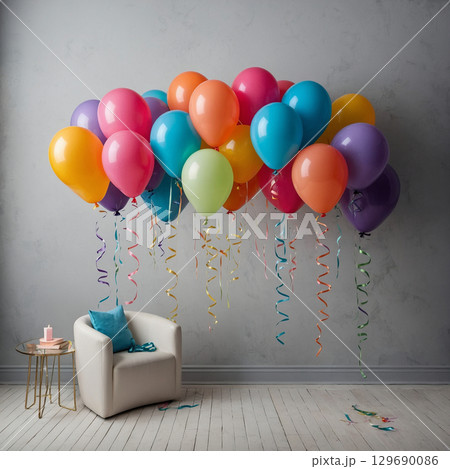 A white chair is surrounded by colorful balloons and confetti 129690086