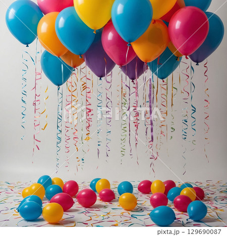 A vibrant bunch of colorful balloons beautifully hanging from the ceiling 129690087
