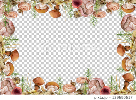 Milk-cap russula suillus larch bolete slippery jack mushrooms, snail on cap. Border frame hand drawn in watercolor. Horsetail plant on bark with moss lichen growth, autumn forest woodland habitat 129690617