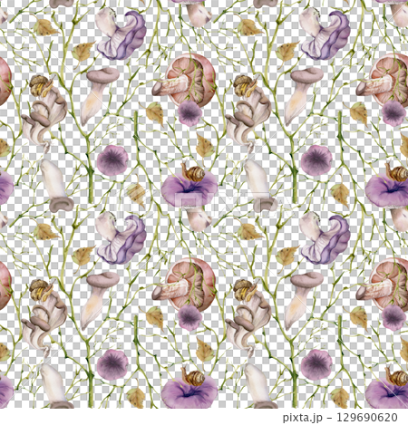 Russula webcap hiratake oyster mushroom, fallen autumn leaves snails, twisting brambles branches twigs. Fungi nature watercolor hand drawn seamless pattern. Wild food market packaging, gift wrapping Russula webcap hiratake oyster mushroom, fallen autumn leaves snails, twisting brambles branches twigs. Fungi nature watercolor hand drawn seamless pattern. Wild food market packaging, gift wrapping 129690620
