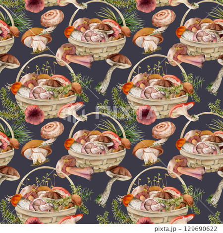 Baskets full of picked mushrooms. Watercolor hand drawn seamless pattern tile isolated on dark, autumn forest harvest of bolete russula webcap milk-cap fungi with horsetail plant stalks, grass blades 129690622