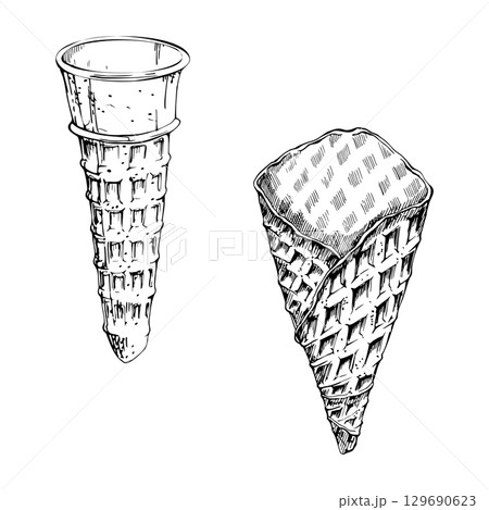 Crispy sugar waffle wafer cone baked pastry for soft serve, gelato, and scooped ice cream. graphic illustration hand drawn in vector ink. Gourmet food label, dessert topping art, artisan snack wrap 129690623