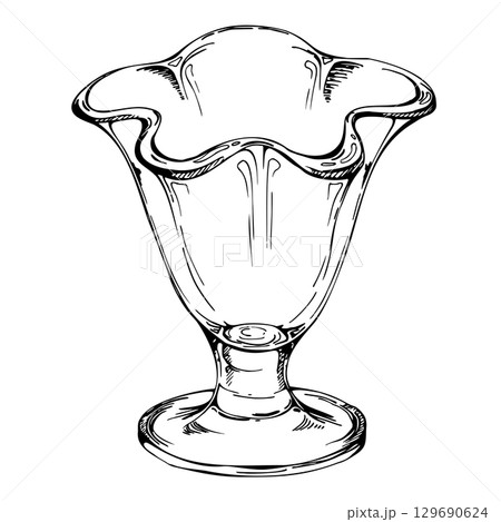 Tableware crystal bowl. Clear tulip sundae dish on pedestal base. Vector graphic illustration hand drawn in pen and ink. Takeaway or delivery, cocktail glass charts, bar signage, culinary infographics 129690624