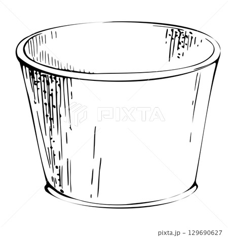 Empty recycled paper or plastic cup, disposable bowl, single use zero waste bucket. graphic illustration hand drawn in vector ink. Deli fast food snack container, flower cachepot, garden cleaning tool Empty recycled paper or plastic cup, disposable bowl, single use zero waste bucket. graphic illustration hand drawn in vector ink. Deli fast food snack container, flower cachepot, garden cleaning tool 129690627