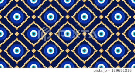 Evil eye seamless pattern. Turkish vector background with blue beads and magic nazar. Mystic Greek amulet is the symbol of protection and luck. Arabic and Mediterranean ethnic wallpaper Evil eye seamless pattern. Turkish vector background with blue beads and magic nazar. Mystic Greek amulet is the symbol of protection and luck. Arabic and Mediterranean ethnic wallpaper 129691019