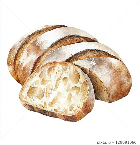 Watercolor wheat bread. Bakery picture for design on white background 129691060