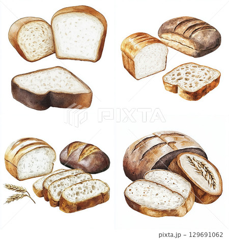 Watercolor wheat bread. Bakery picture for design on white background Watercolor wheat bread. Bakery picture for design on white background 129691062