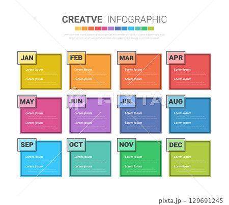 Timeline for 1 year, 12 months, infographics all month planner design and Presentation business can be used for workflow, process diagram, flow chart. 129691245