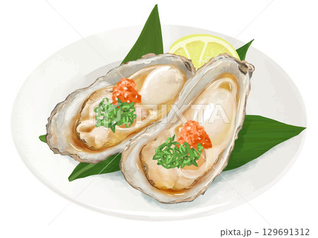 冬が旬！リアルな牡蠣(紅葉おろし+ネギ)・レモン添え盛り付け 129691312