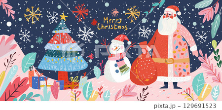 Merry Christmas vector banner. Santa Claus with gift bag, snowman and decorated Christmas tree. Holiday winter illustration. Illustration design for greeting, card, invitation, poster, banner, header 129691523