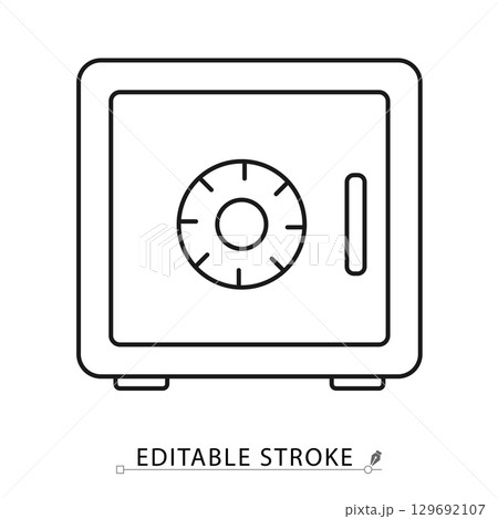 Minimalist safe icon with combination lock dial. Editable stroke vector illustration. Concept of security, money protection, hotel locker, valuables storage, privacy, safety and banking equipment. 129692107