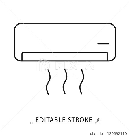 Minimalist air conditioner icon with cool airflow lines. Outline editable stroke vector illustration. Concept of cooling system, climate control, ventilation, comfort, summer and hotel service. Minimalist air conditioner icon with cool airflow lines. Outline editable stroke vector illustration. Concept of cooling system, climate control, ventilation, comfort, summer and hotel service. 129692110
