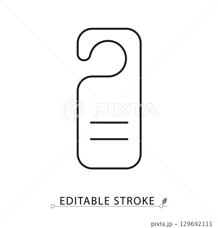 Minimalist door hanger icon with editable stroke. Vector outline symbol of hotel service, privacy sign, do not disturb label, room service tag, hospitality industry, travel accommodation 129692111