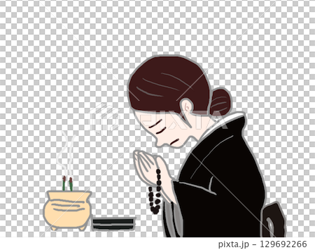 焼香をする喪服を着て合掌をする女性の横顔のイラスト 焼香をする喪服を着て合掌をする女性の横顔のイラスト 129692266