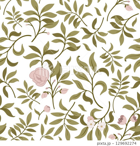 Seamless pattern of hand drawn floral elements. Flower pink, green leaves, branch. Botanic decoration vector illustration for wedding card, fabric Seamless pattern of hand drawn floral elements. Flower pink, green leaves, branch. Botanic decoration vector illustration for wedding card, fabric 129692274
