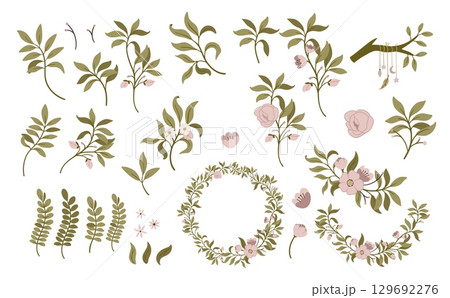 Set of hand drawn floral elements. Flower pink, green leaves, branch. Botanic decoration vector illustration for wedding card, fabric, and invitation 129692276