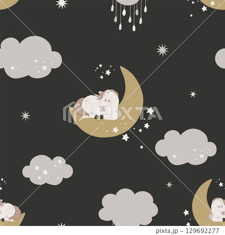 Seamless pattern with cute unicorn in the sky. Hand drawn magic horn sleep on moon on a dark background. Flat celestial vector illustration. Seamless pattern with cute unicorn in the sky. Hand drawn magic horn sleep on moon on a dark background. Flat celestial vector illustration. 129692277