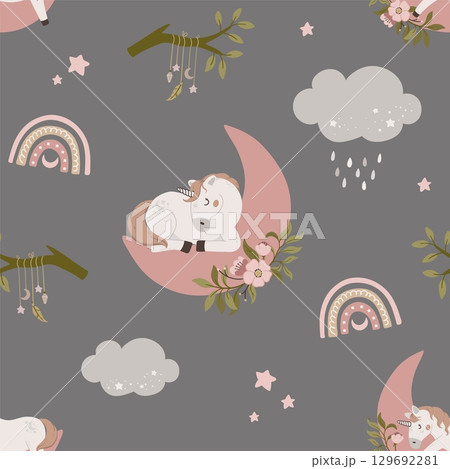 Seamless pattern with cute unicorn sleeping on moon with floral elements. Hand drawn magic horn with rainbow and clouds. Celestial vector illustration Seamless pattern with cute unicorn sleeping on moon with floral elements. Hand drawn magic horn with rainbow and clouds. Celestial vector illustration 129692281