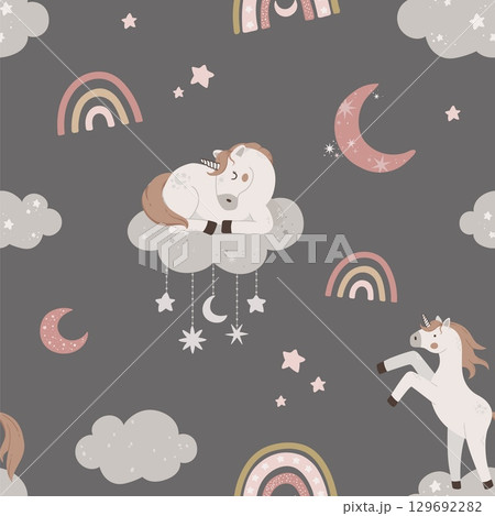 Seamless pattern with cute unicorn sleeping on cloud. Hand drawn magic horn with rainbow, stars and moon. Flat celestial vector illustration. Seamless pattern with cute unicorn sleeping on cloud. Hand drawn magic horn with rainbow, stars and moon. Flat celestial vector illustration. 129692282