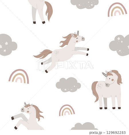 Seamless pattern with cute unicorns and rainbow. Hand drawn magic horn fly on sky. Flat celestial vector illustration. 129692283