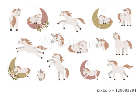 Set of cute unicorn isolated on white background. Cartoon characters for birthday, invitation, baby shower card. Magic horse fantasy illustration 129692291