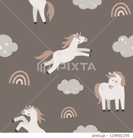 Seamless pattern with cute unicorns and rainbow. Hand drawn magic horn fly on sky. Flat celestial vector illustration. 129692295