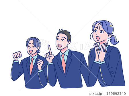 斜め上を見て感激するアニメ調の男女生徒 129692340
