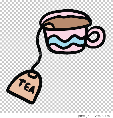 Hand drawn hot tea mug for cafe, restaurant, drink menu, recipe decoration, sticker, department store, supermarket, mart, beverage, kitchenware, cute patch, office snack, breakfast, lunch	 129692470
