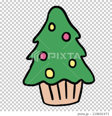 Hand drawn Christmas tree cupcake for sweet dessert, festive season, holidays, cafe, menu, restaurant, recipe, baking book, cute patch, brooch, sticker, cake shop, icon, department store, food, brunch 129692471