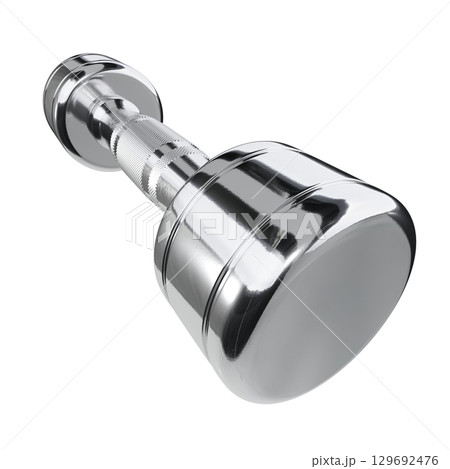 Blank Round Dumbbell, chrome weightlifting gym equipment wide angle view 129692476